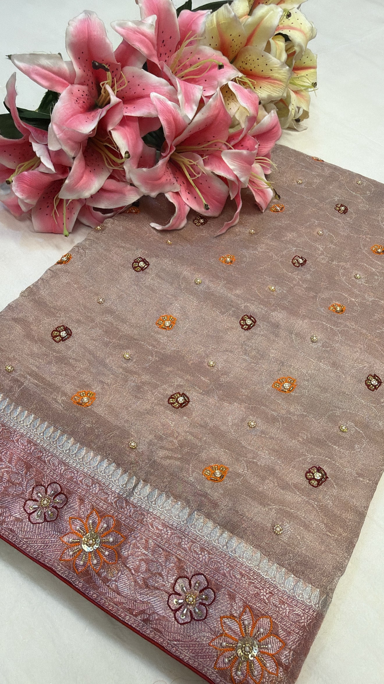 Dusty lilac tissue brocade shreenathji motif hand embroidered kadhwa saree